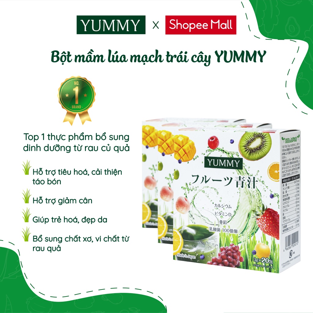 Combo 3 Bột Mầm Lúa Mạch Trái Cây Nhật Bản Yummy Giàu Vitamin Tốt Cho Sức Khỏe Bé Và Gia Đình Hộp 20 Gói 3g