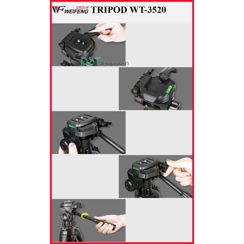 Chân Máy Ảnh Tripod Weifeng WT-3520, khung nhôm , cao 1.4m chịu tải 3kg, chụp hình từ xa, có móc treo và túi đeo