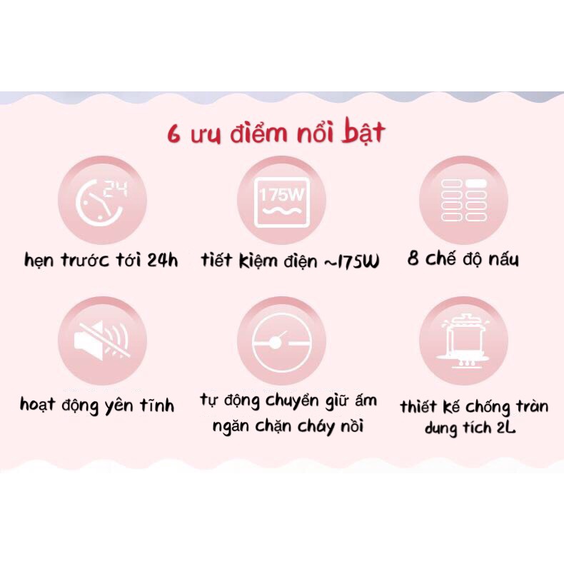 Nồi Hầm, Nấu Cháo Chậm 🔷𝐅𝐑𝐄𝐄𝐒𝐇𝐈𝐏🔷 Dung Tích 2L, Hẹn Giờ Thông Minh 24H, 8 Chế Độ Nấu, Bảo Hành 24 Tháng