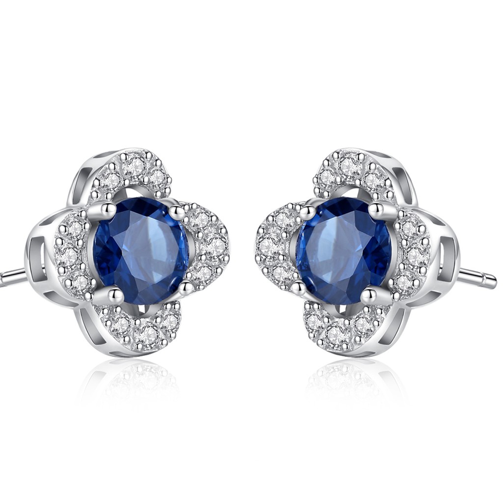 Khuyên Tai Bạc Nữ Hình Bông Hoa Bốn Cánh Đính Đá Xanh Đen Sang Trọng B2393-Bảo Ngọc Jewelry