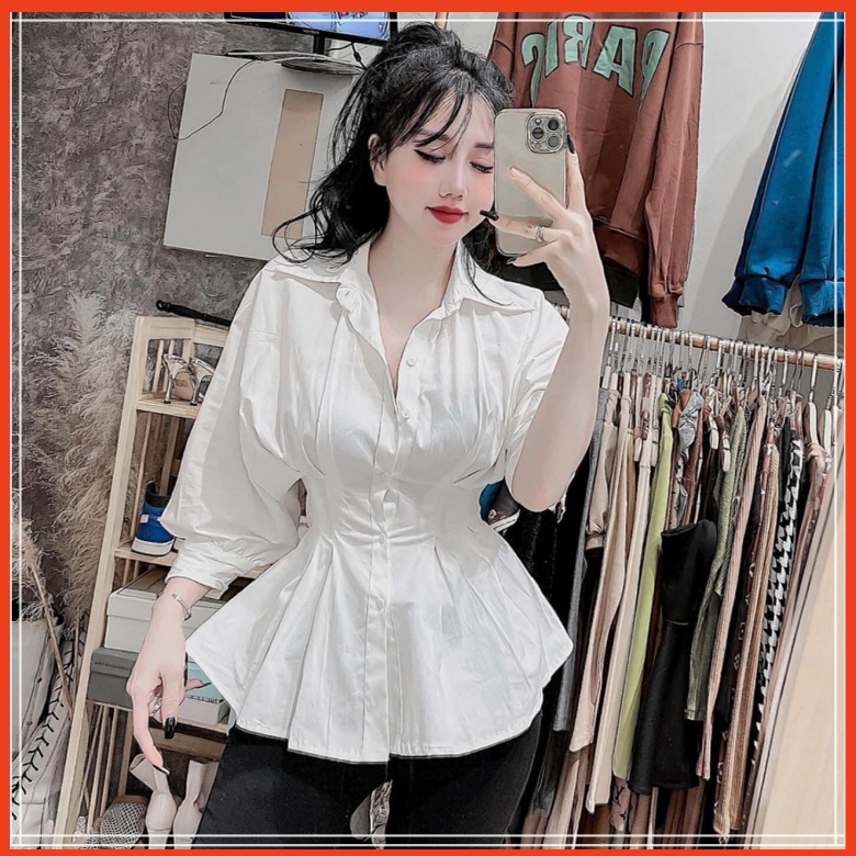 [𝗙𝗿𝗲𝗲𝗦𝗵𝗶𝗽] Sơ mi tay lỡ chiết eo, Sơ mi rúm eo, sơ mi tay lỡ Ảnh thật