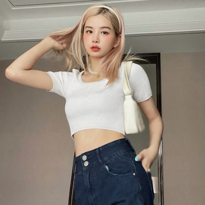 Áo Croptop Áo Thun Tay Lỡ Áo Thun Crop Top Tay Ngắn Cổ Vuông Ôm Dáng Thích Hợp Tập Yoga Thể Thao Dành Cho Nữ Áo Thun Thể Thao