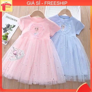 Váy công chúa bé gái 2-7 tuổi cộc tay phối ren hình elsa đính nơ, Đầm dự tiệc cho bé điệu đà đáng yêu