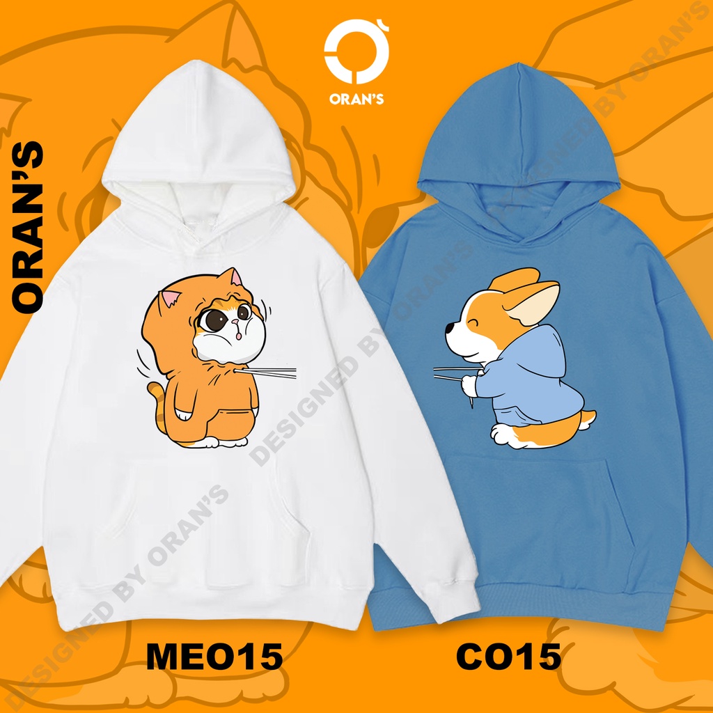 Áo Hoodie đôi in hình chó corgi và mèo 4 màu chất nỉ cotton lót bông cao cấp form rộng unisex - ORAN'S HOODIE COUPLE 15