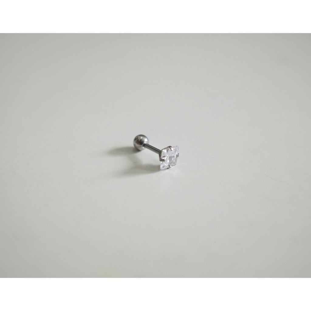 [1 Chiếc] Khuyên Tai Titan Đá Trắng Vuông Zircon Unisex Màu Bạc Đuôi Bi Không Gỉ Sét Không Ngứa Bông Tai Julies Box 66