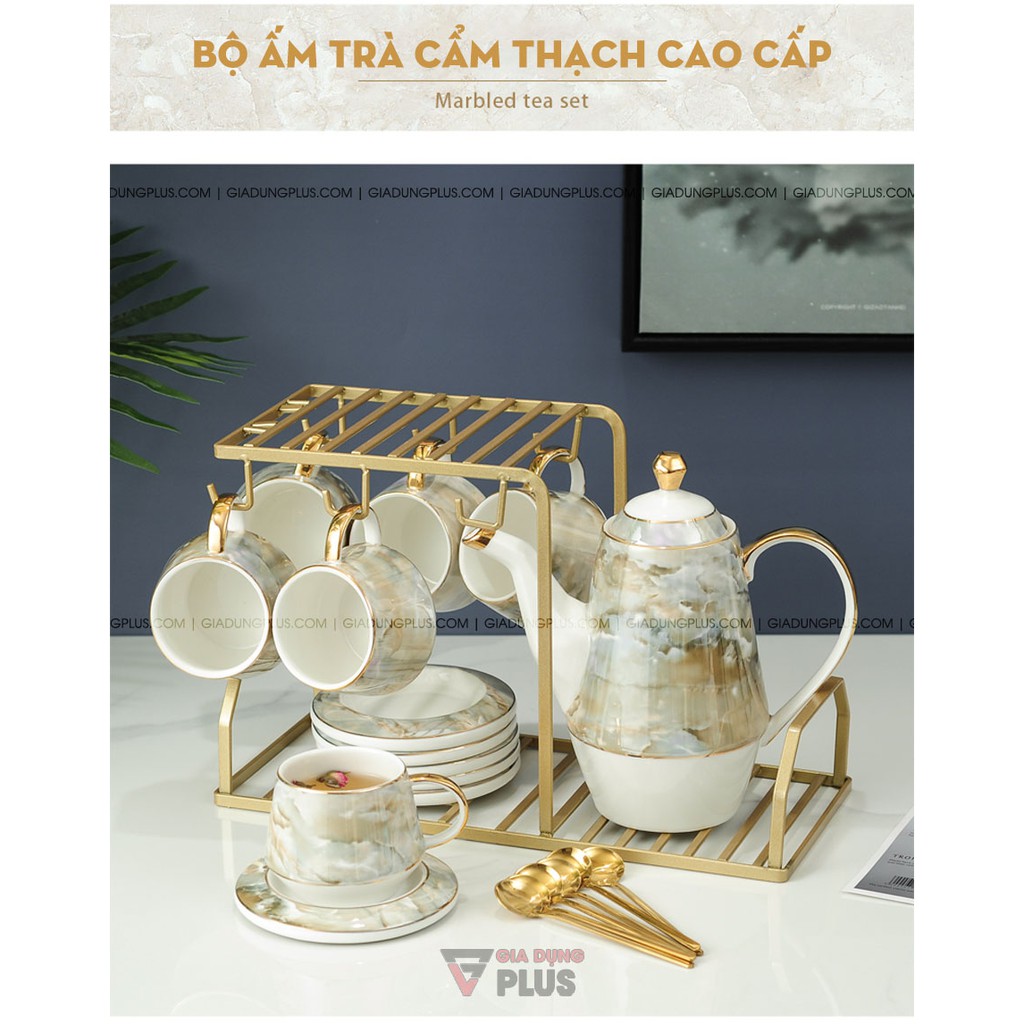 (Có sẵn) Bộ Ấm Trà Đá Cẩm Thạch Thanh Lịch | Kèm Ly, Tách &amp; Kệ Mạ Vàng Cao Cấp | Quà Tết, Quà Cưới, Quà Tân Gia Ý Nghĩa