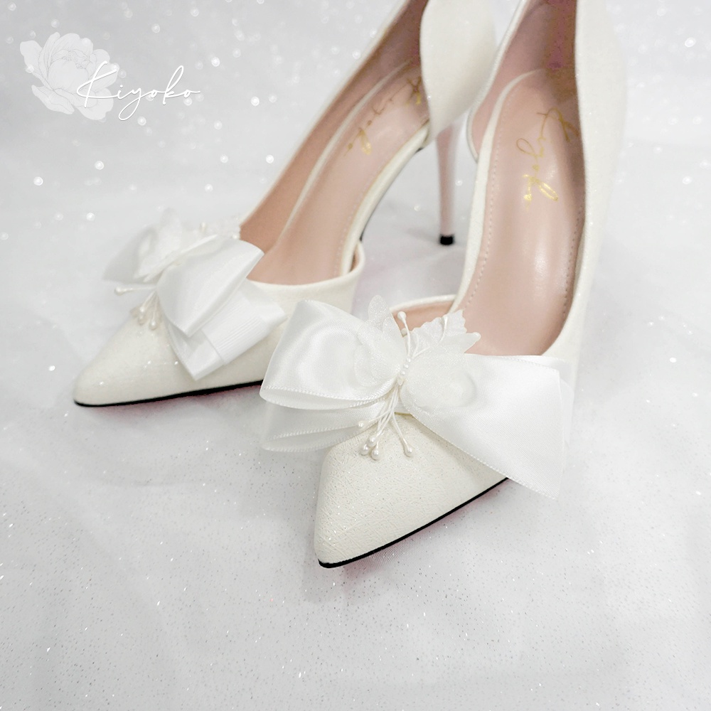 Giày cưới Kiyoko hở eo đính nơ satin 2 tầng cao 9cm