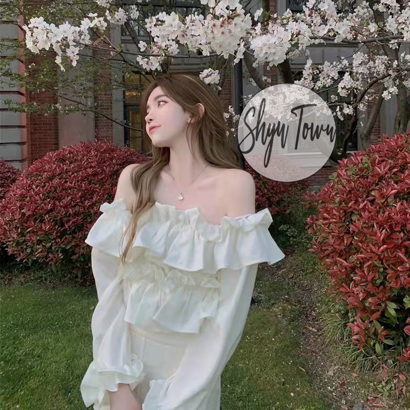 [ẢNH THẬT 100%] Áo trễ vai tay bồng bèo croptop siêu xinh, áo hở vai trắng bánh bèo tiểu thư - Shyn Closet