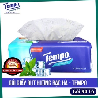 Gói khăn giấy rút Tempo bạc hà. Giấy lụa mềm mịn không tẩy trắng.