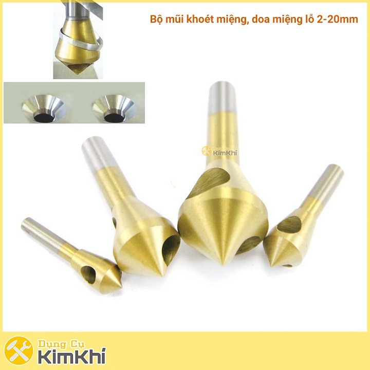 Bộ 4 mũi doa lỗ kim loại dạng đầu nón lỗ phay xiên 2-20mm phủ Titamium