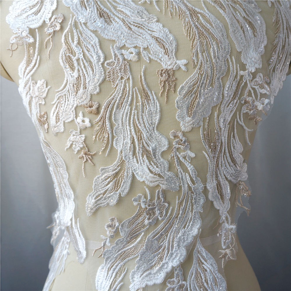 Vải Ren Thêu Hoa Đính Kim Sa Cỡ Lớn Màu Sâm Panh Dùng May Váy Cưới diy