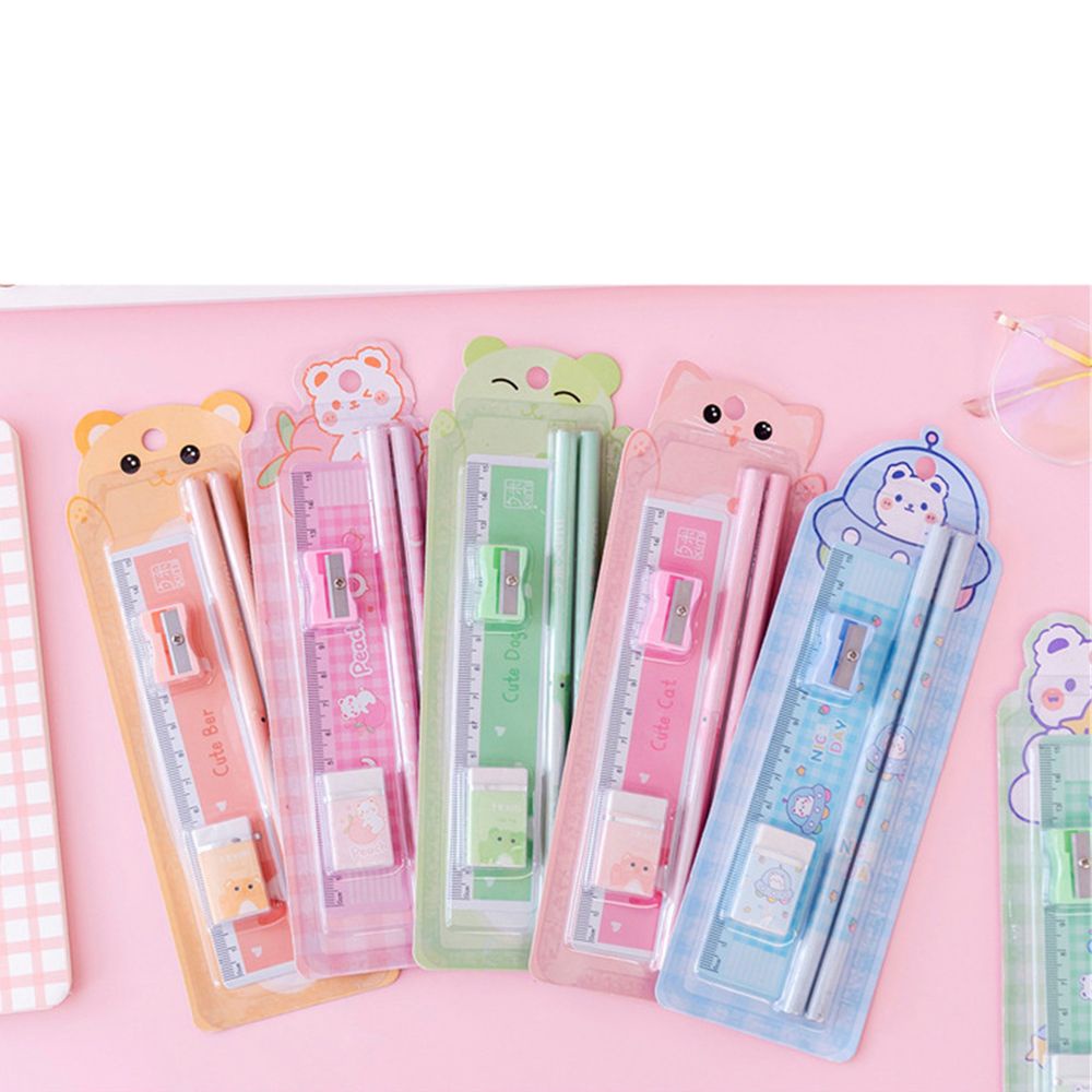 DORAW 5Pcs/Set Student Stationery Pencil New Semester Pencil Sharpener Stationery Set Children's Day Gifts Package Ruler Pupils Eraser