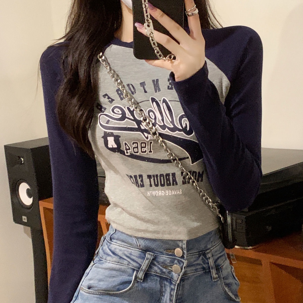 Áo thun tay dài in họa tiết màu sắc tương phản đầy phong cách cho nữ