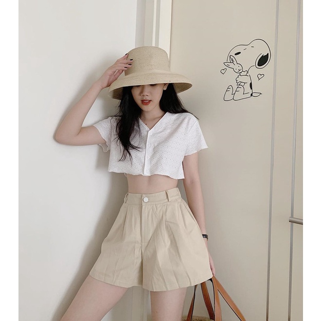 Quần short nư ống rộng khoá chất kaki tuyết dãn cao cấp nữ shot cộc lụa