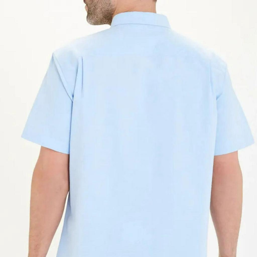 Áo Sơ Mi Nam Ngắn Tay Công Sở, Chất Vải Lanh Thoáng Mát Trơn Màu Xanh Da Trời
