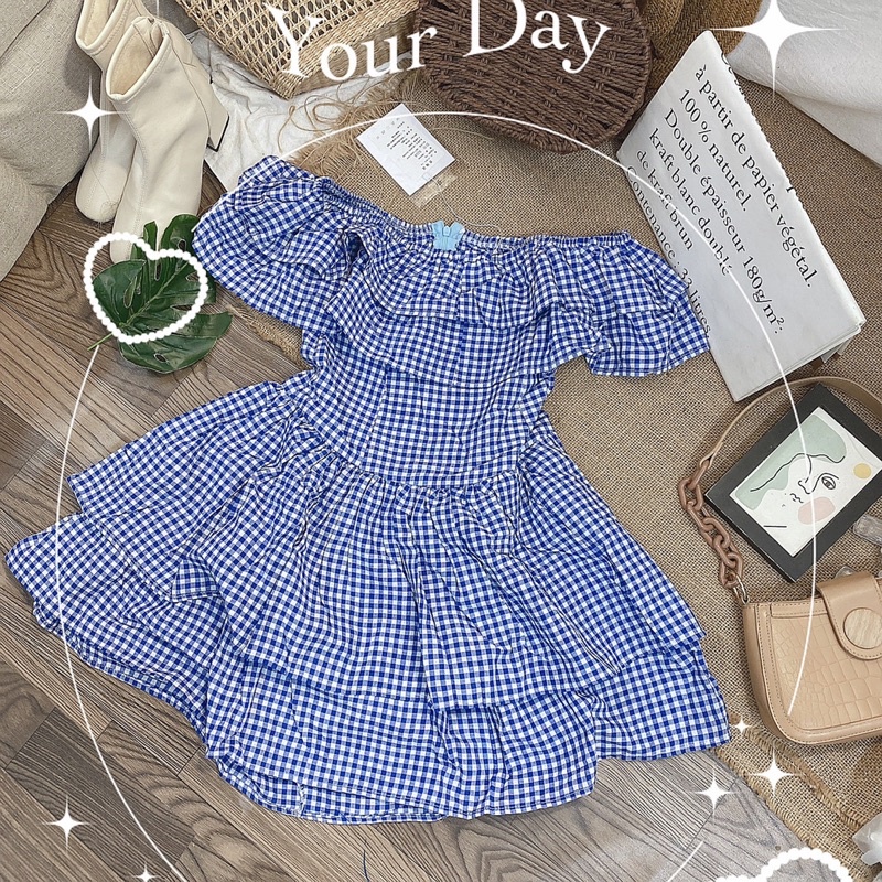 Jumsuit Caro Trễ Vai Bèo Xanh Chất Kate Mềm [ SẴN]