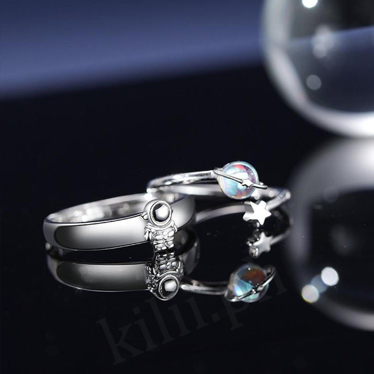 Set 2 Nhẫn Mở Hình Hành Tinh / Phi Hành Gia Có Thể Điều Chỉnh Làm Quà Tặng Cho Cặp Đô