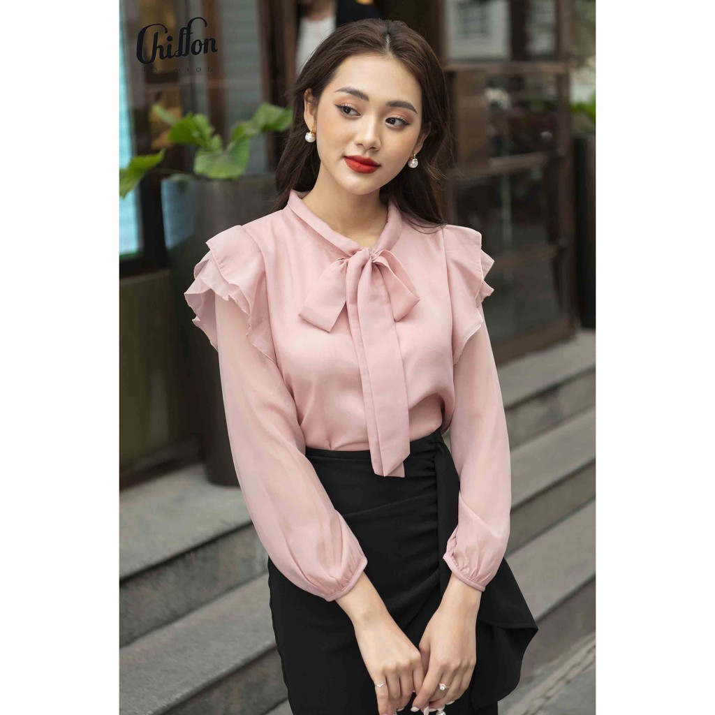 <Thiế kế đẹp>_Áo sơ mi nữ vai bèo kép cổ nơ chất liệu tơ | BigBuy360 - bigbuy360.vn