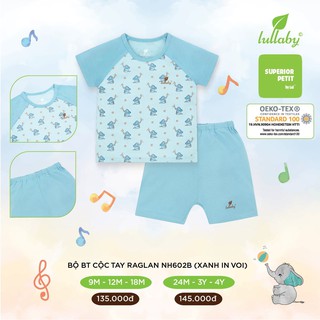 Đồ bộ cộc tay Raglan Lullaby cho bé trai NH602P Xanh in Voi [Thời Trang trẻ em cao cấp - chính hãng Lullaby Store]