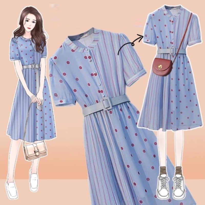 🌸Hàng Order🌸 Váy Bigsize Chấm Bi Phối Cúc Kèm Thắt Đai Trẻ Trung Mới Lạ🌸Hàng Quảng Châu