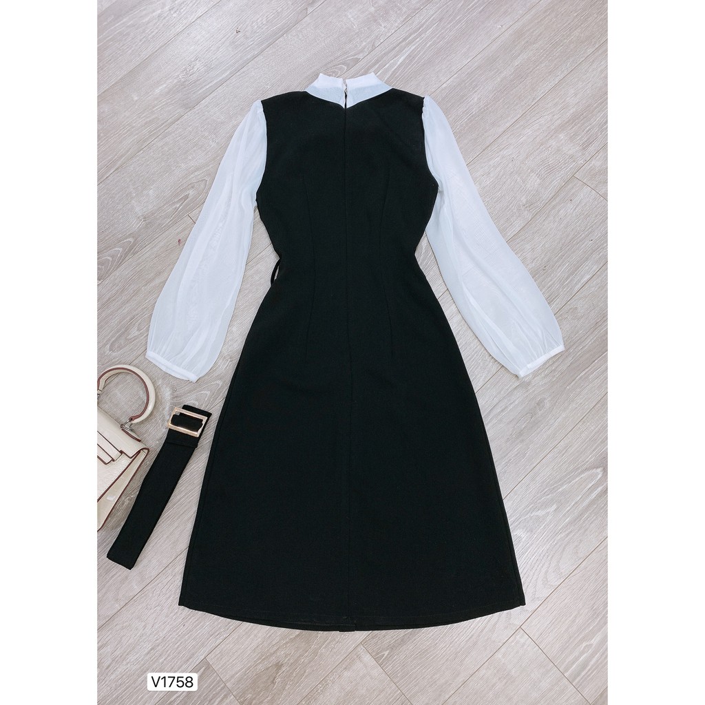 Váy đen suông tay phối trắng kèm đai V1758 - Đẹp Shop DVC (Kèm ảnh thật trải sàn do shop tự chụp) | BigBuy360 - bigbuy360.vn