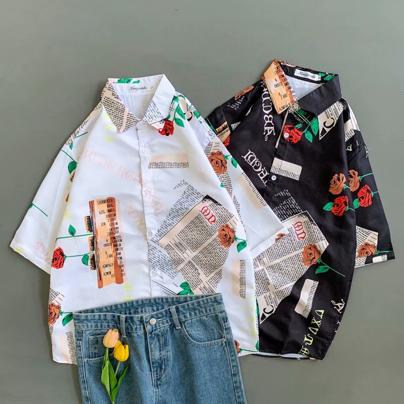Áo sơ mi ngắn tay in hình hoa hồng thời trang cho nam