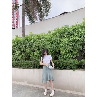 Set áo trắng Basic x Chân váy đuôi cá kẻ xanh