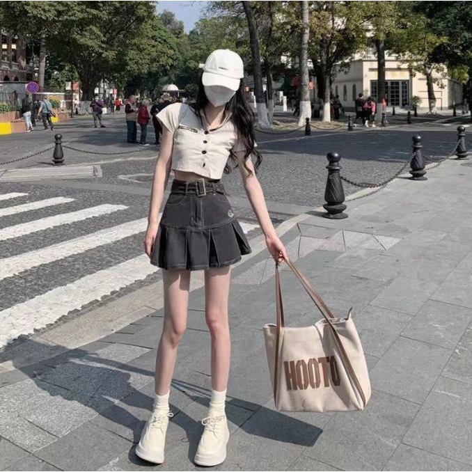 Jiashucheng Chân Váy Denim Lưng Cao Xếp Ly Phong Cách Retro Mỹ