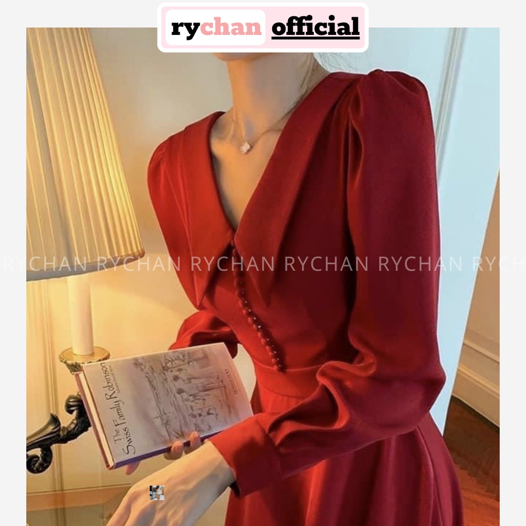 Đầm Xòe Midi Đỏ Cổ Thủy Thủ Nút Bọc Sang Trọng [Ảnh Thật Cuối] - DX0105