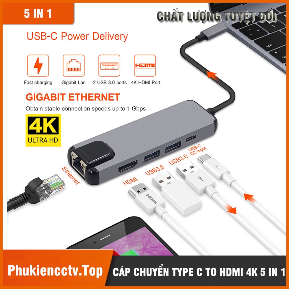 [FreeShip] Cáp Chuyển Đổi USB Type C 5 in 1 To HDMI 4K, Ethernet RJ45 1Gb, 2 x USB 3.0, USB Type C Cao cấp