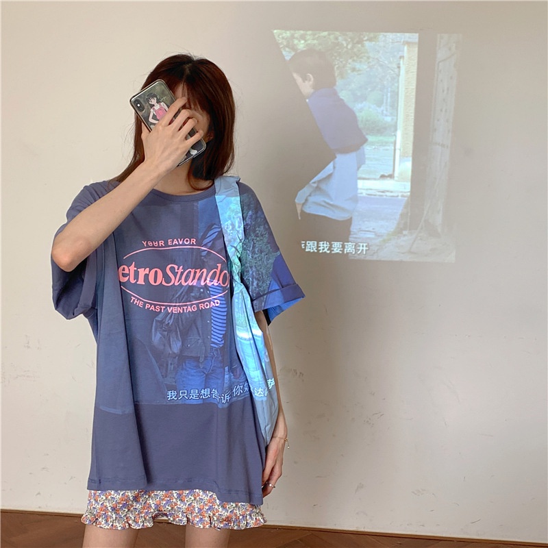 IELGY  Áo Thun Nữ Dài Trung Bình In Chữ Thời Trang