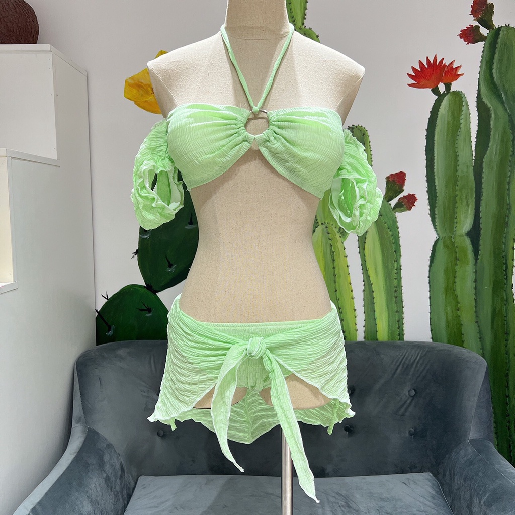 Bikini đi biển 3 mảnh freesize xốp thái phồng tay phối khoen thun nhún BK021