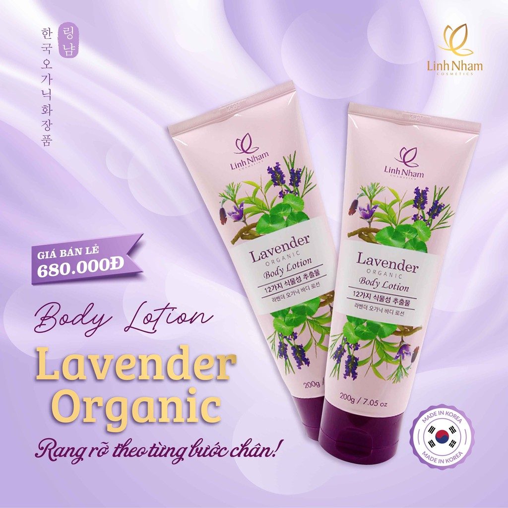 Lavender Organic Body Lotion - Mỹ phẩm Linh Nhâm 200g - Dưỡng trắng toàn thân, Sáng Mịn, Làm Mềm Da