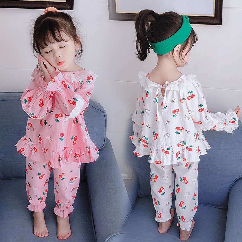 Bộ ngủ dài tay bộ pijama bánh bèo bé gái quả Cherry 2 mầu Hồng và Trắng XHN721
