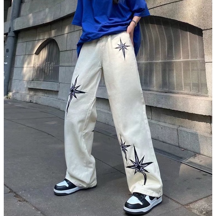 Quần Jean Ống Rộng Plus Size Thêu Hình Ngôi Sao Phong Cách Retro Mỹ Cho Nam Nữ