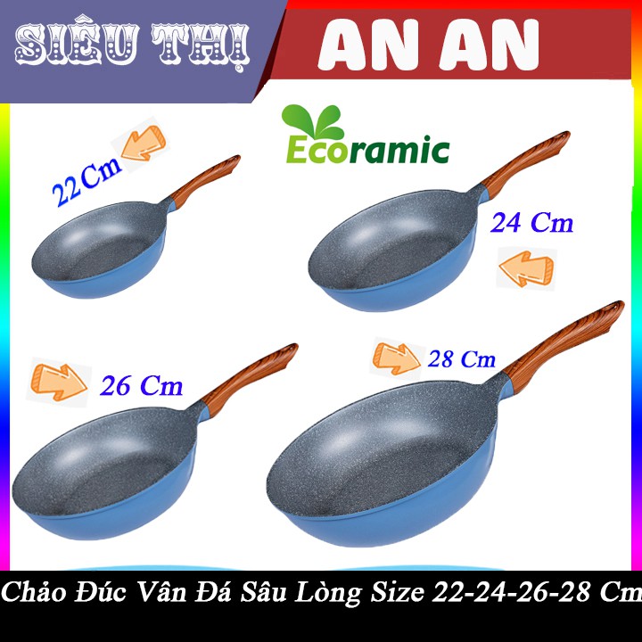 Chảo sứ ceramic ECORAMIC đáy từ vân đá chống dính 22 24 26 28 tay cầm chịu nhiệt chảo gốm sứ tặng bình xịt dầu