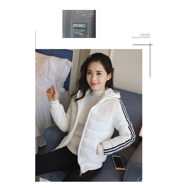 Xưởng gia công áo cao cấp  Áo phao nữ sọc ngang có nón hình thật up ở cuối Áo khoác đẹp