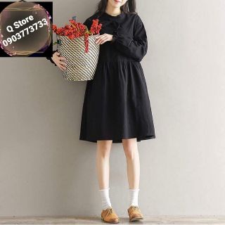Đầm babydoll đen cổ nơ nút sau