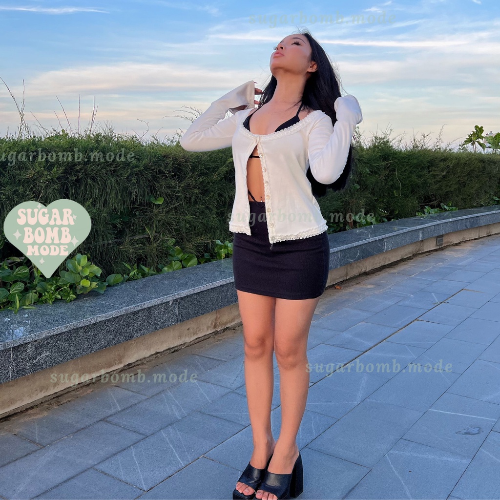 Áo Croptop Tay dài và cột dây  Ren Chân Váy Ngắn Đen Cột Eo Áo Ngực Bra Tôn Dáng Ôm Body  Đi Chơi Đi Du Lịch Đi Biển