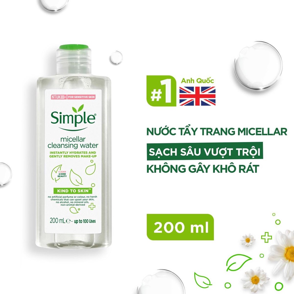 Nước tẩy trang Simple Micellar làm sạch trang điểm vượt trội - không chứa cồn gây khô rát 200ml