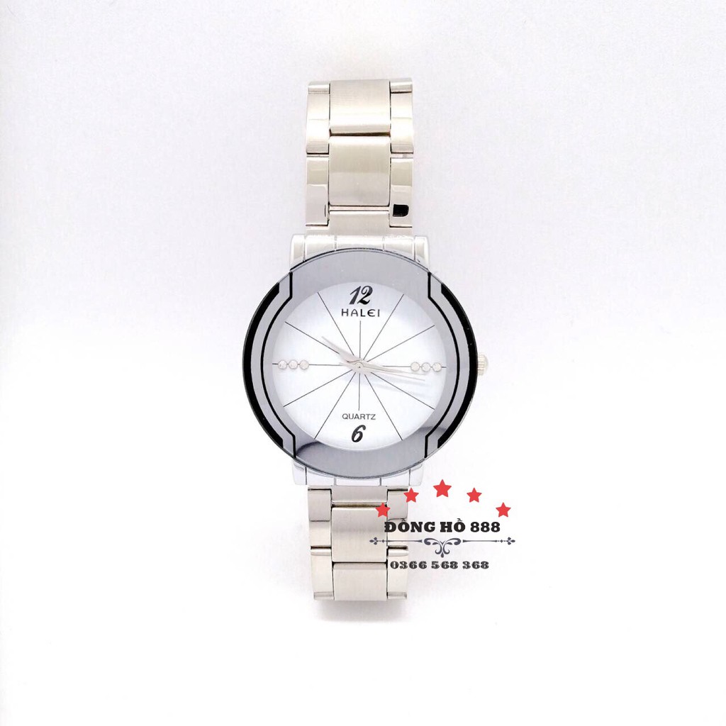 Đồng hồ nam HALEI mặt tròn dây kim loại bạch kim
