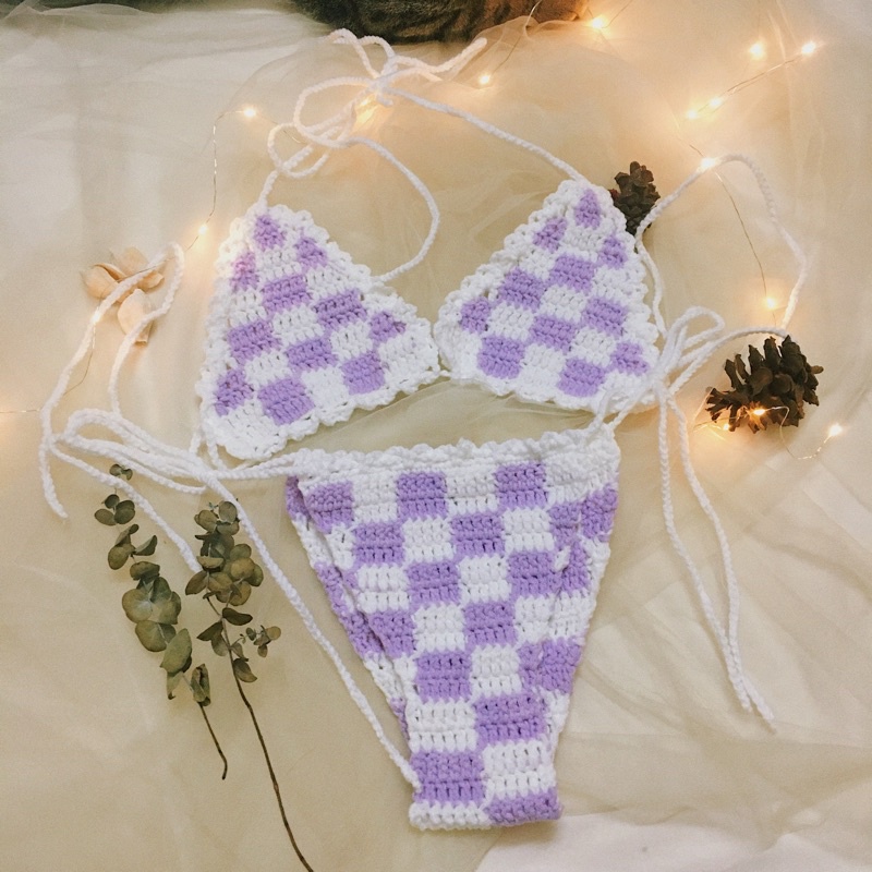 Set Bikini Caro Hồng Trắng, Bra Len Móc - xanhlanhes