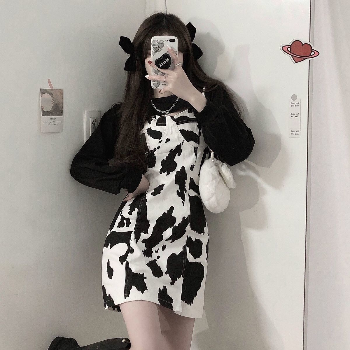 Set Áo Thun Ngắn Tay + Đầm Yếm Họa Tiết Bò Sữa Thời Trang Hè 2021 Cho Nữ | BigBuy360 - bigbuy360.vn