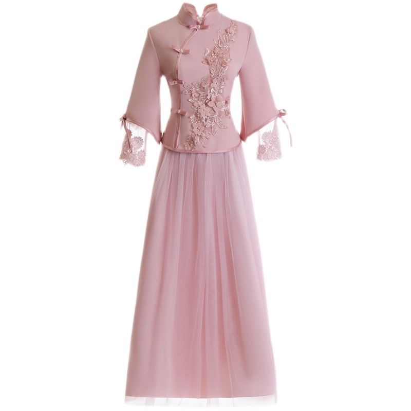 Set trang phục phù dâu dáng dài phong cách trung hoa kèm kính tùy chọn