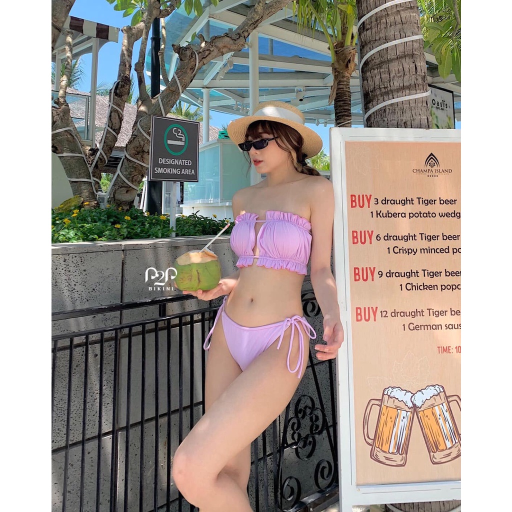 P2P BIKINI - Đồ bơi hai mảnh mút mỏng cúp ngang cột dây, quần tam giác tím pastel - BTK370HT_TG