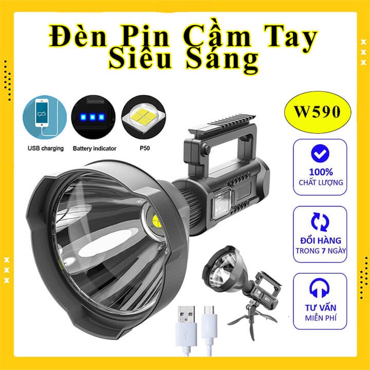 Đèn pin siêu sáng cầm tay chiếu xa 1000m W590 có chân đế chống thấm nước tốt