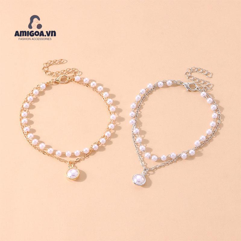 Vòng Tay Hai Lớp Đính Hạt Ngọc Trai Phong Cách Retro