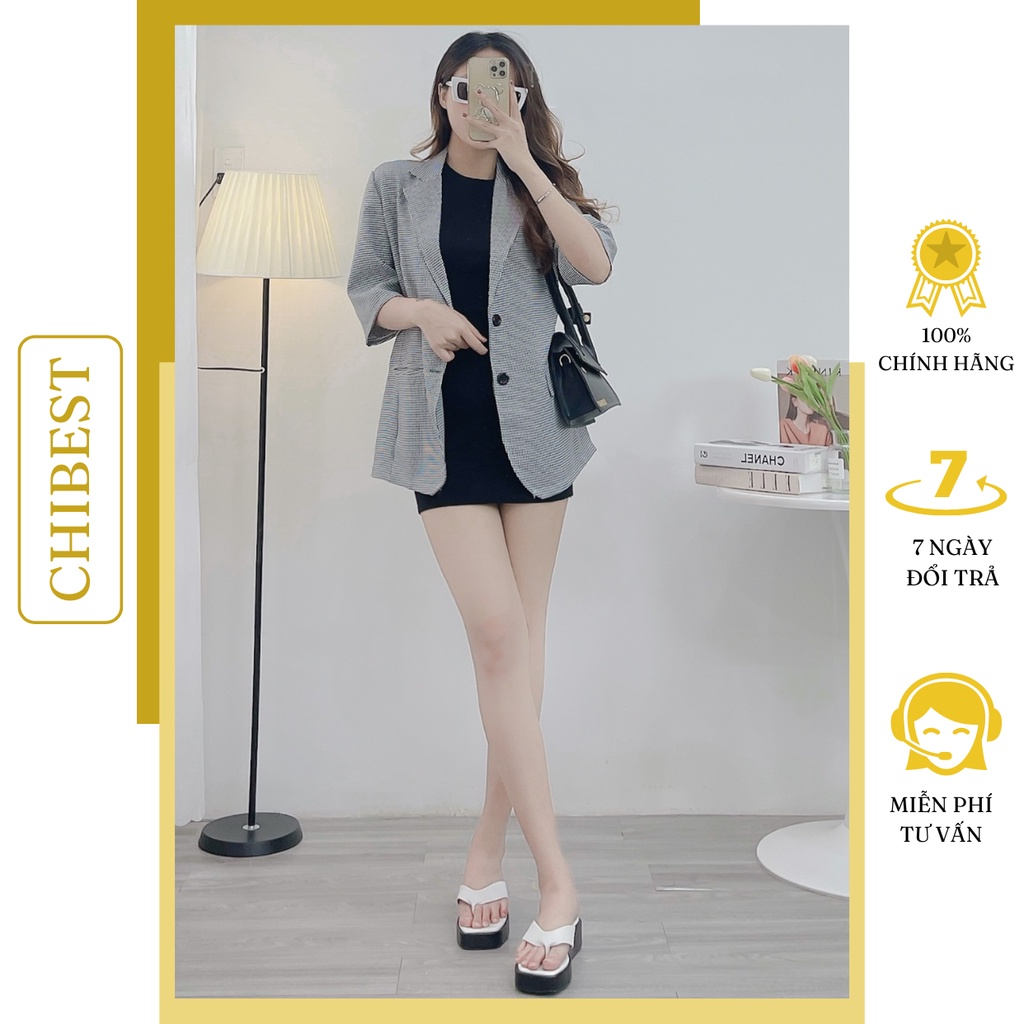 Đầm thun ôm borip ngắn cổ tròn sát nách sexy phối Áo khoác vest blaze nữ caro nhuyễn tay lỡ form dài CHIBEST LDB710