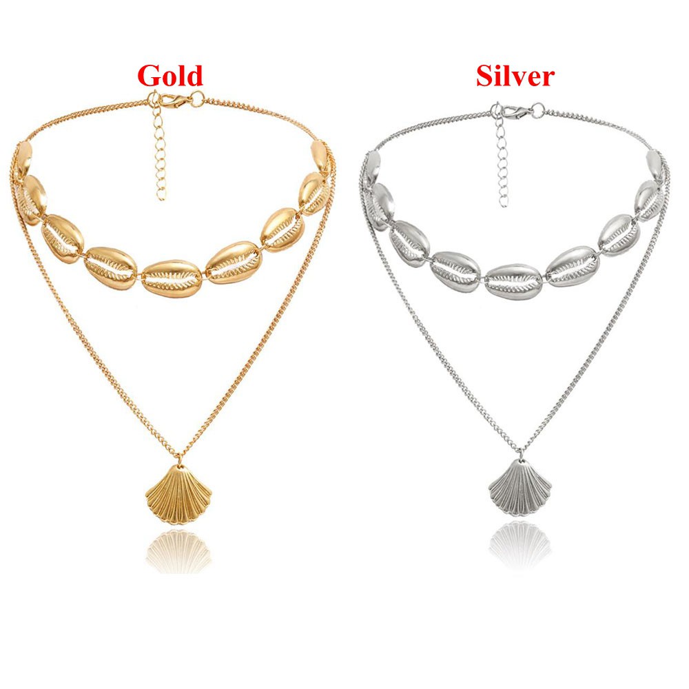 Vòng Cổ Choker Nhiều Lớp Mặt Vỏ Sò Màu Vàng / Bạc Thời Trang Mùa Hè Cho Nữ