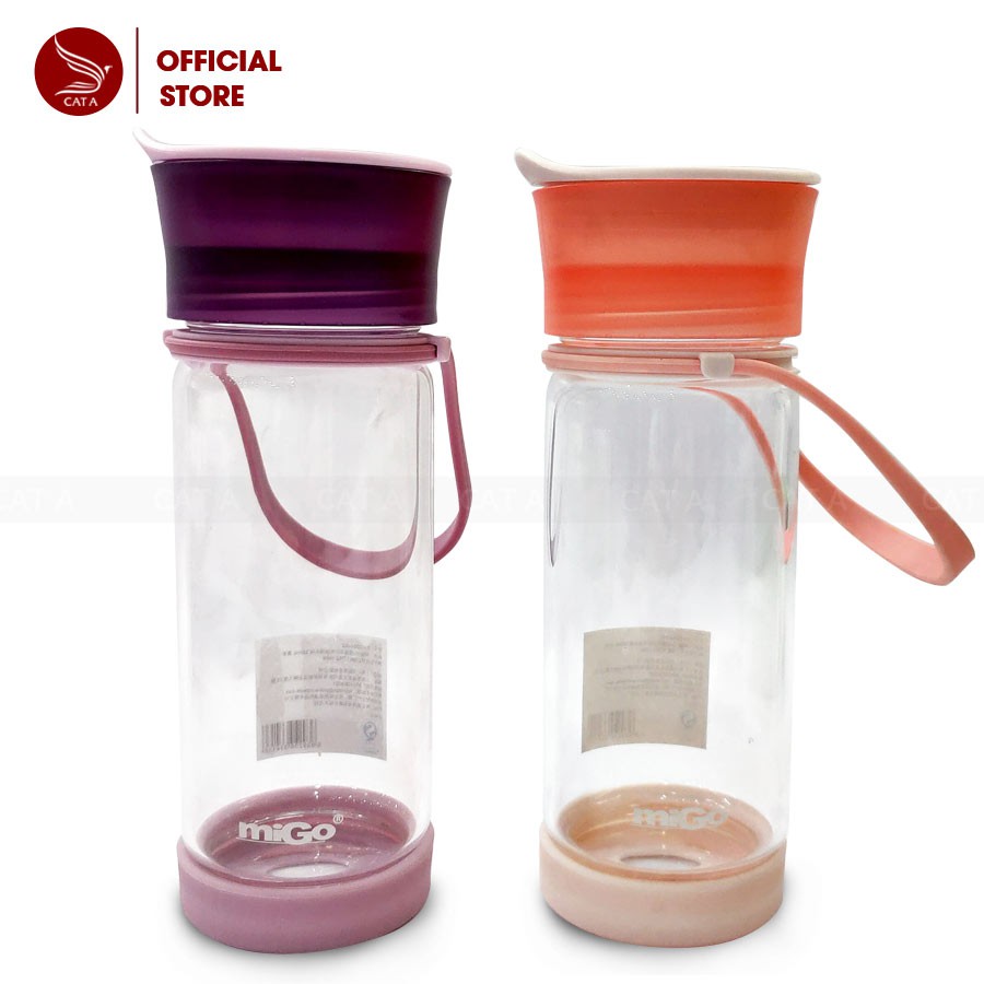 Bình đựng nước bằng Nhựa BPA FREE MIGO Cao cấp  - An toàn, trong suốt, có rây lọc, quai [380ML - 2054]